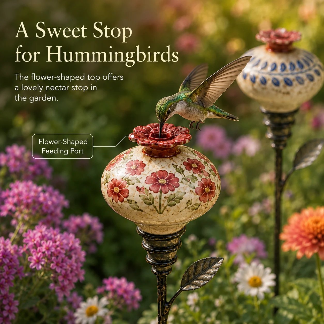 Flower shaped feeding port on vintage hummingbird feeder