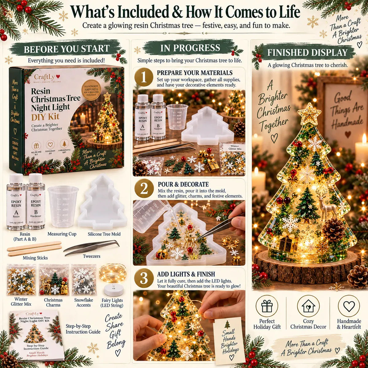 🎄Beginner-Friendly Resin Christmas Tree Night Light DIY Kit | Complete Kit with Mold, Resin, Fairy Lights & Festive Decorations ✨