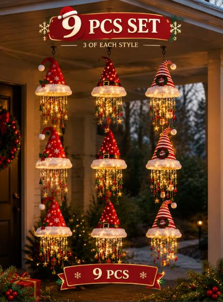 🎅 Lighted Santa Hat Hanging Chandelier 🎄 | 3 Styles Warm LED Christmas String Light | Indoor Outdoor Porch Holiday Decor Gift