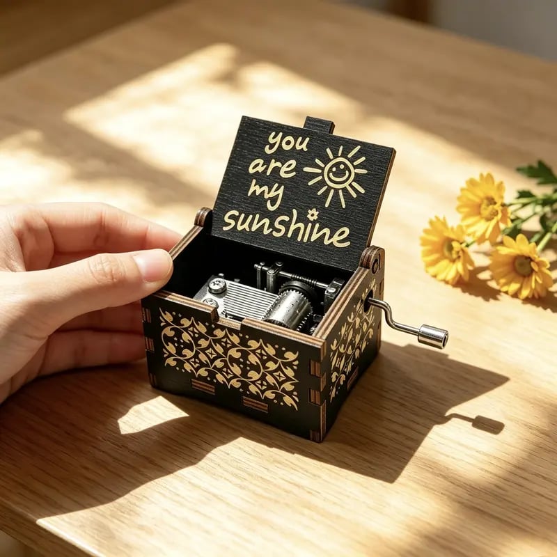 Vintage wooden sunshine music box in daylight