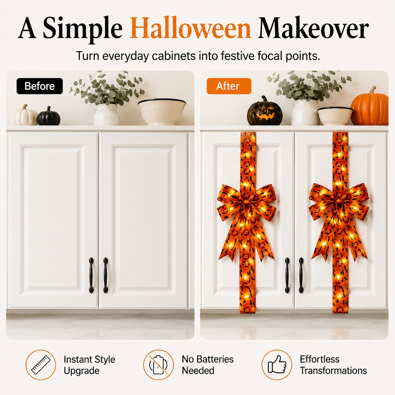 Halloween Cabinet Door Bow Ribbon Decorations - Oversized Pumpkin & Skull Wraps