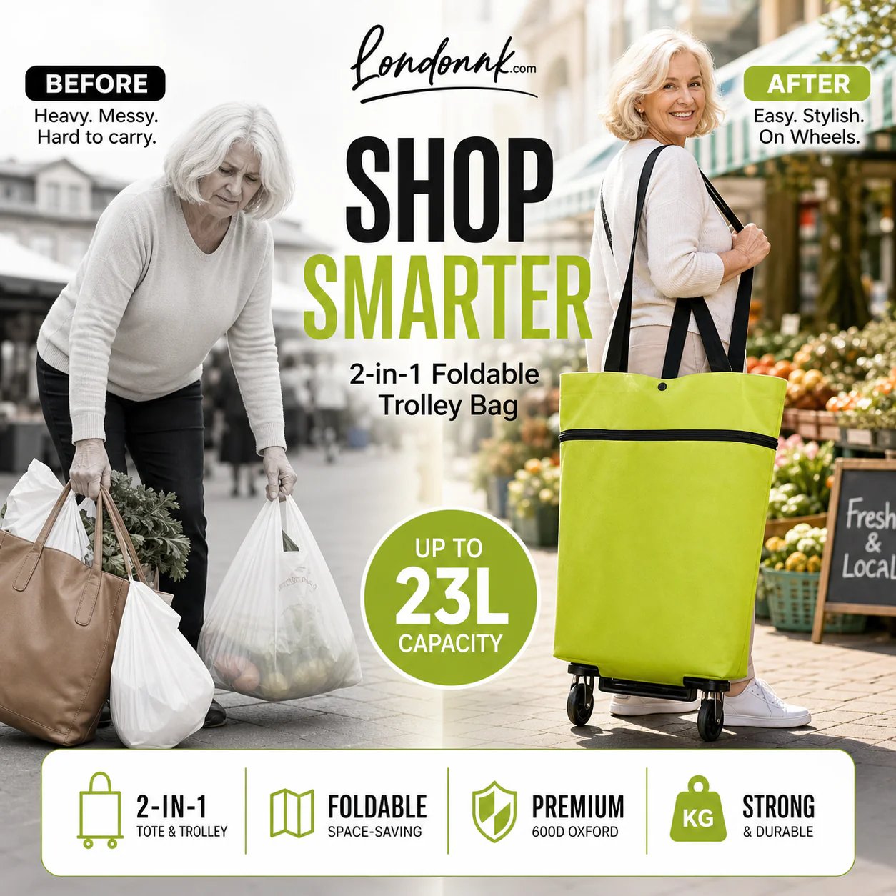 🛒 2-in-1 Foldable Rolling Shopping Trolley Bag -[49% OFF]- ✨ 23L Large Capacity Reduce Hand Strain