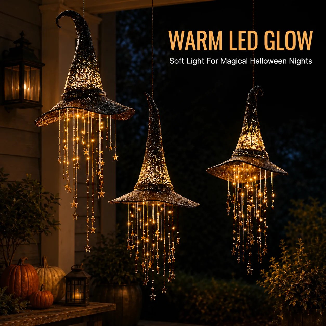 3 Pack Lighted Hanging Witch Hat Star Garland Halloween Decor