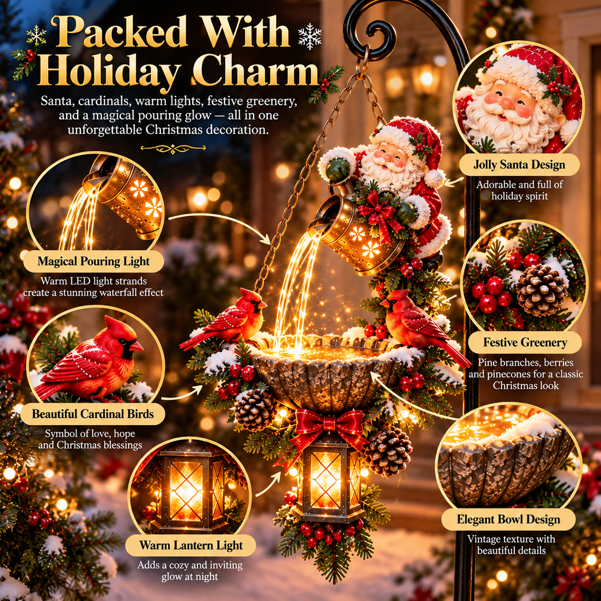 Santa light pour decoration showing cardinals greenery bowl and lantern details