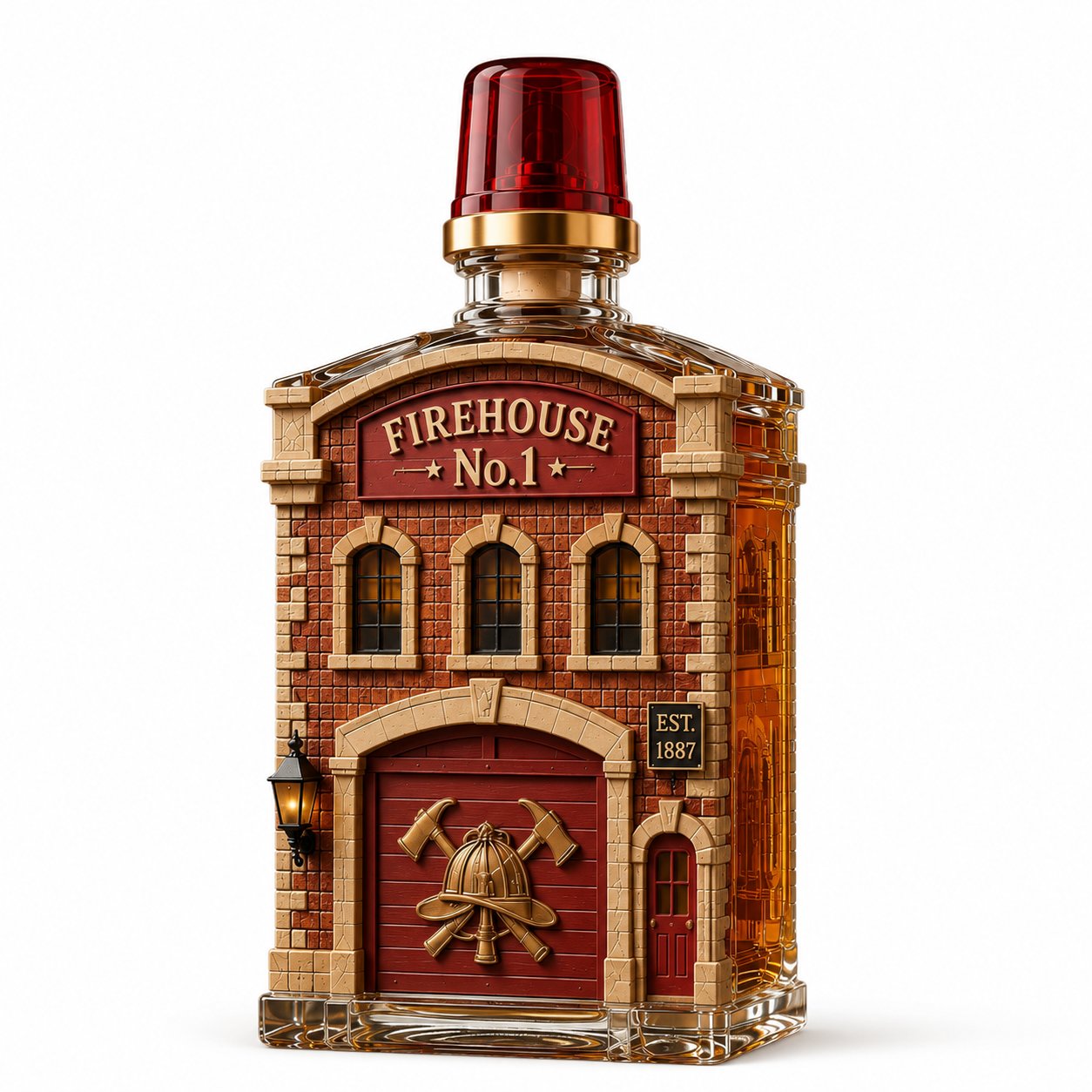 Firehouse No. 1 glass decanter shown against a clean background