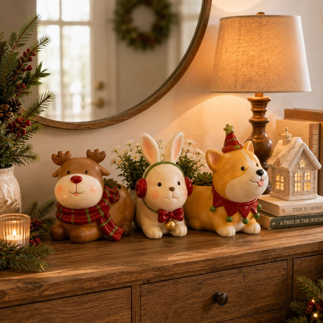 Christmas animal planters displayed together