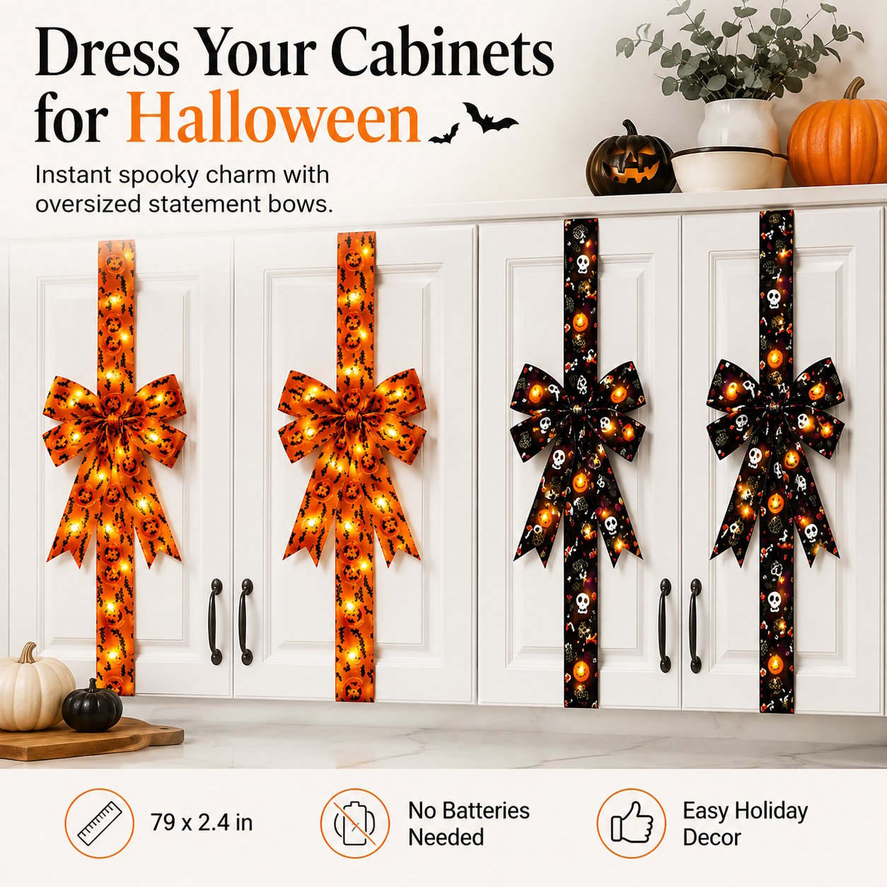 Halloween Cabinet Door Bow Ribbon Decorations - Oversized Pumpkin & Skull Wraps