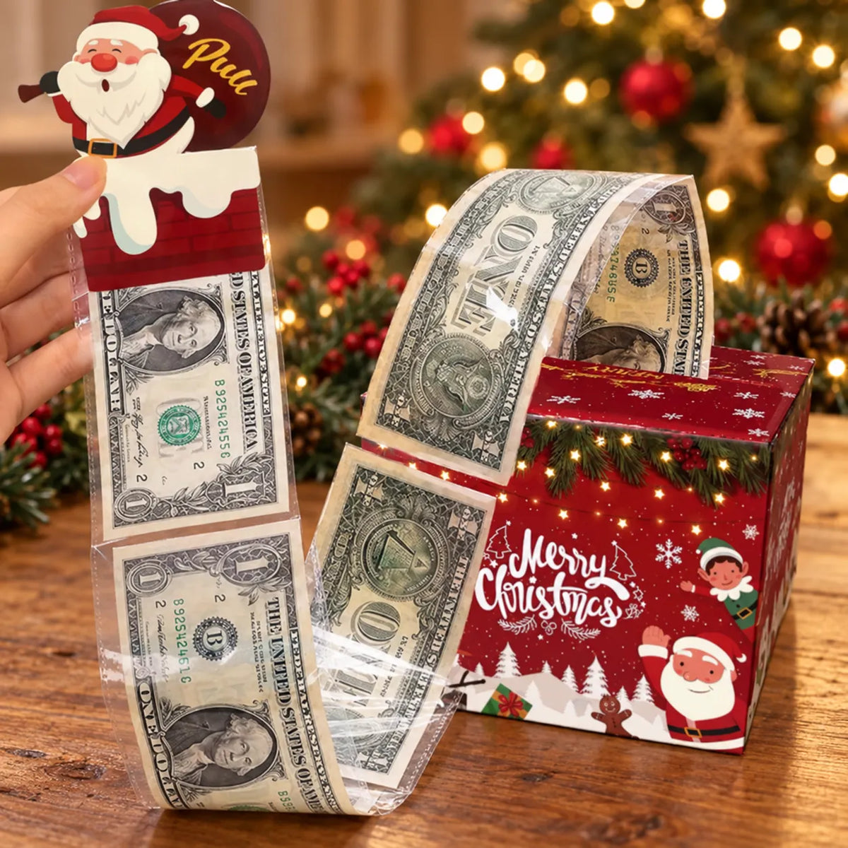 💵🎄 Christmas Money Pull Surprise Box 50 Fillable Pockets for Cash, Treats, Notes & More 🎁