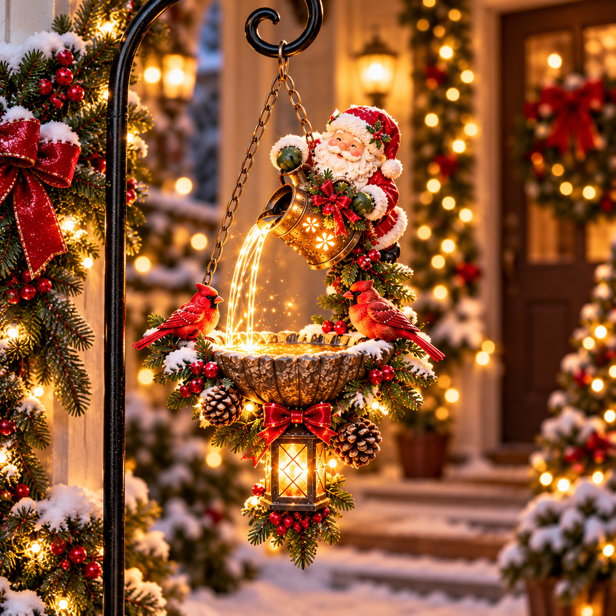 Santa pouring warm Christmas lights above cardinal birds and a hanging lantern