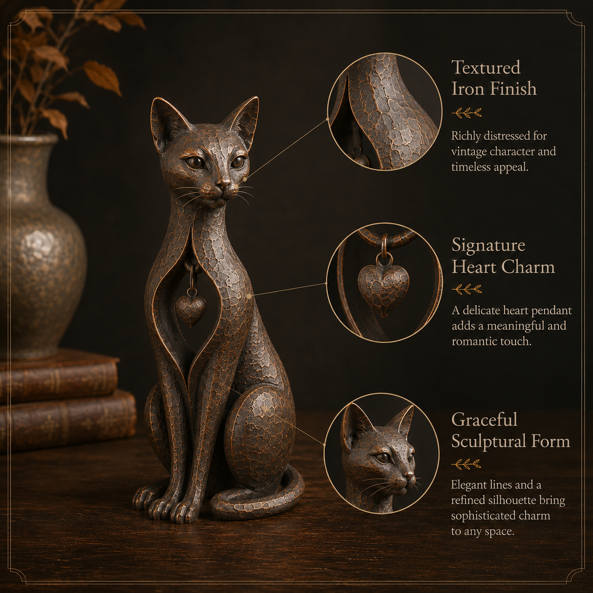 Last day 50% OFF🐱Heritage Heart Sphynx Sculpture – Vintage Iron Cat Accent for Timeless Interiors