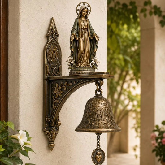 ✨ Cloche murale médaille miraculeuse Notre-Dame de Grâce en bronze | 🙏 Décoration catholique religieuse pour la maison et le jardin"