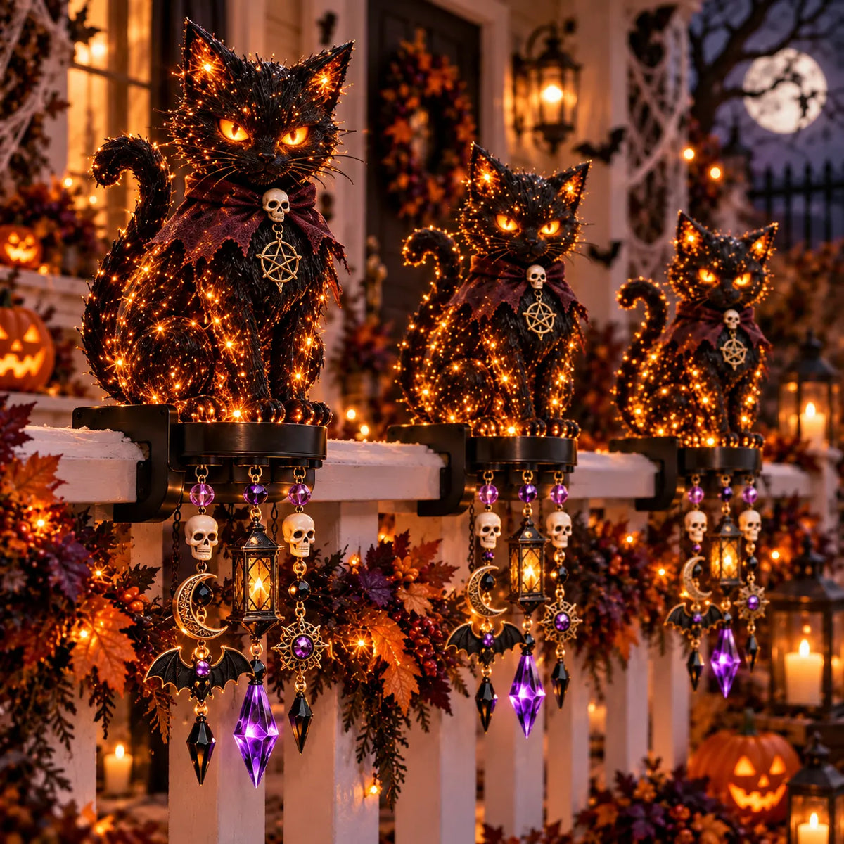 🎃 Halloween Character Glow Cascade Railing Lights – Pumpkin, Witch, Ghost & Black Cat