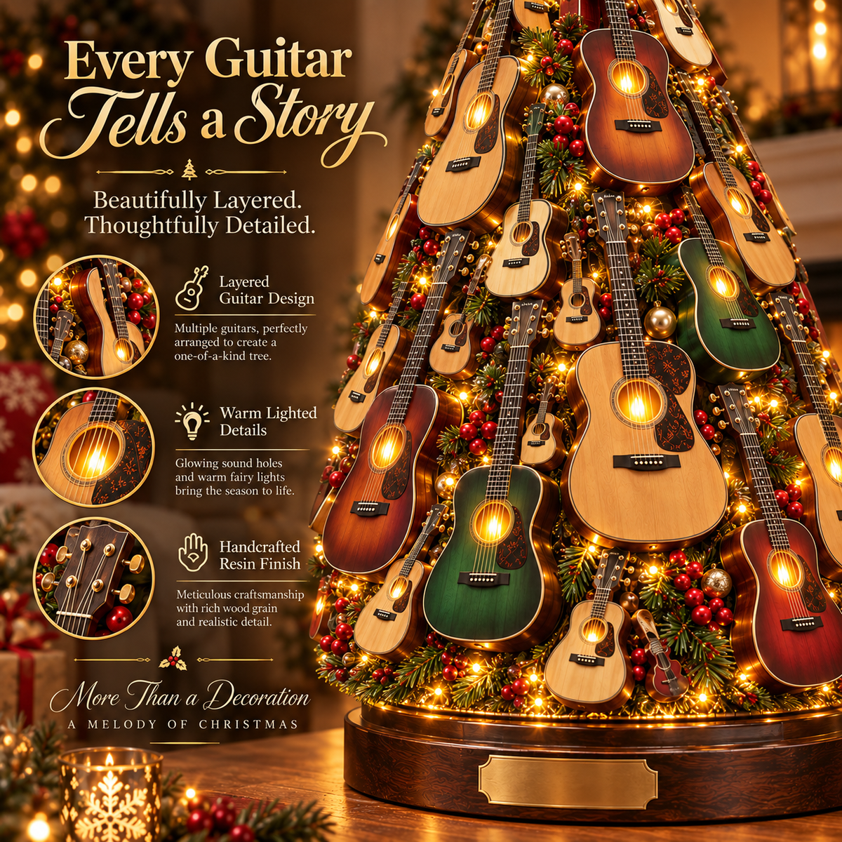 Close-up of layered miniature acoustic guitars, lights and Christmas ornaments