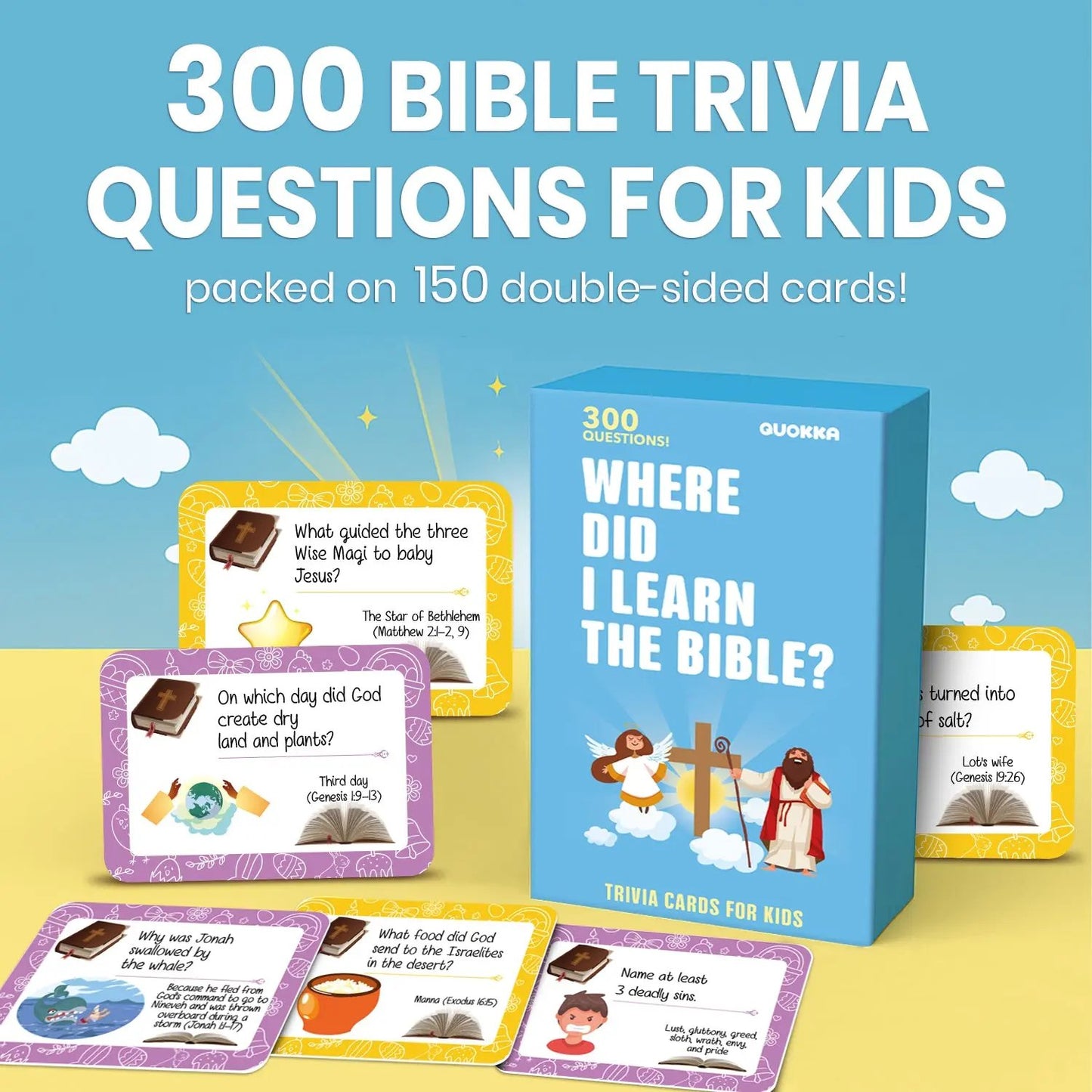 ✝️🙏Bible Trivia Cards for Kids – ✨300 Questions, 150 Cards, Perfect for Family Game Night & Sunday School