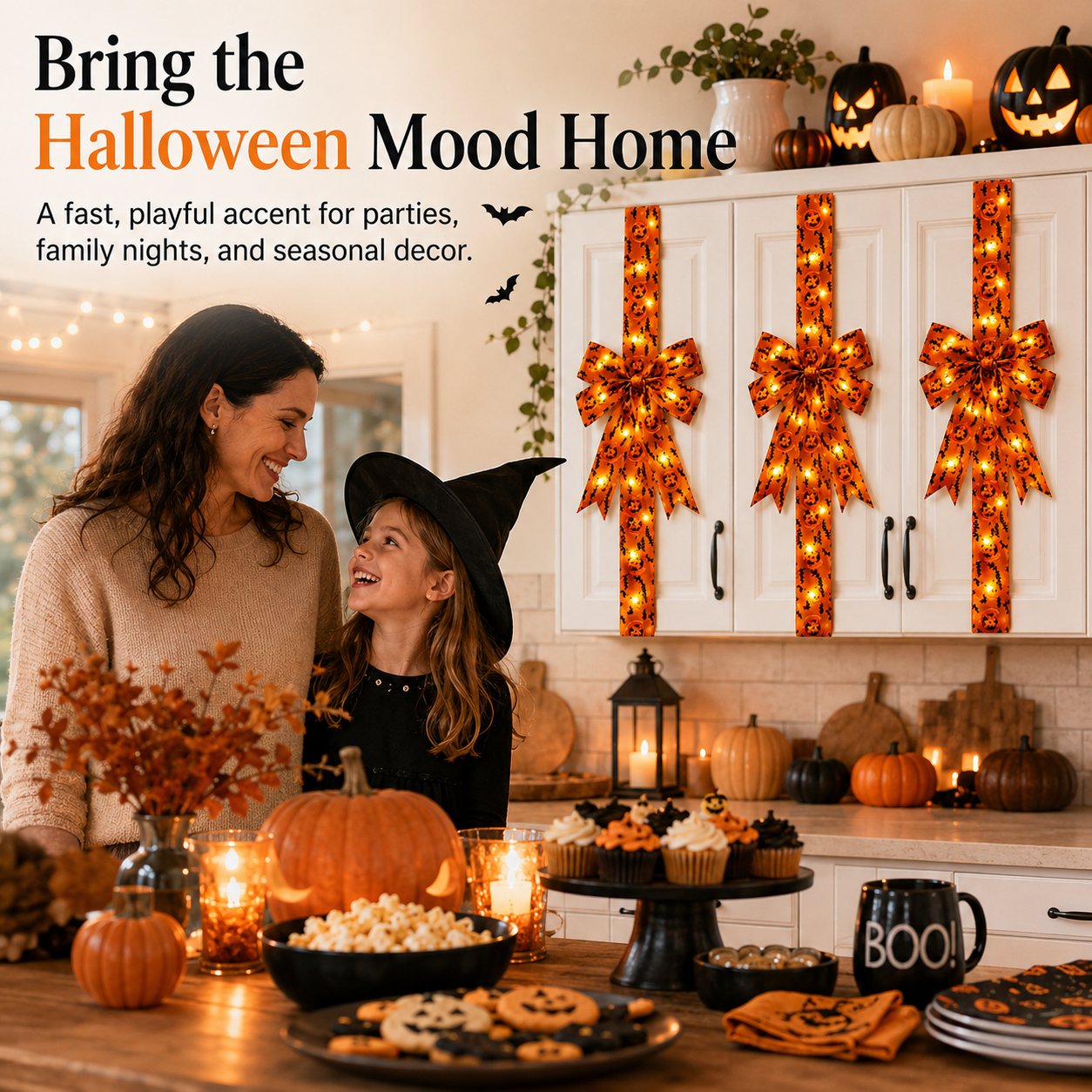 Halloween Cabinet Door Bow Ribbon Decorations - Oversized Pumpkin & Skull Wraps