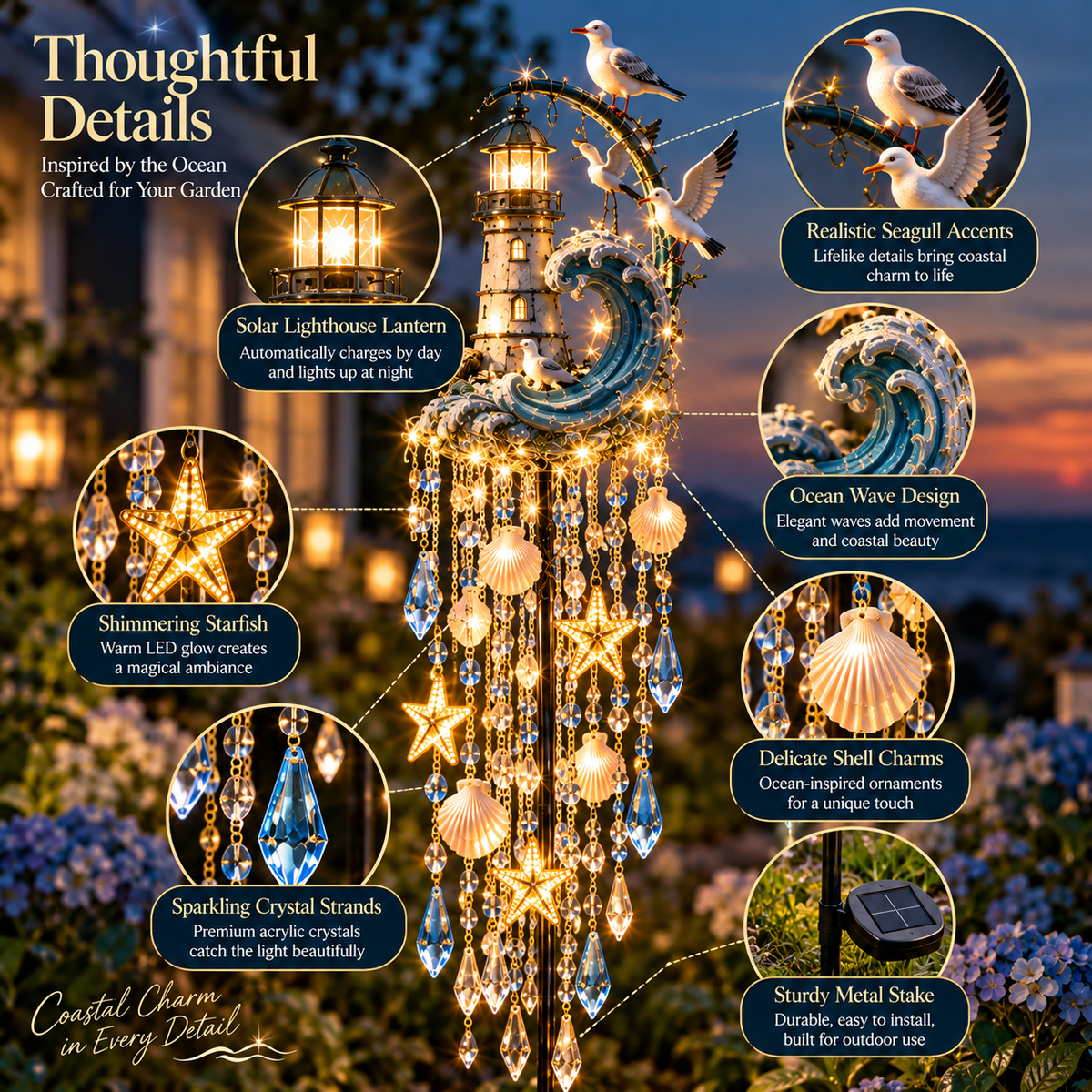 🔥Last Day 49% OFF🔥🌊 Lighthouse Tide Glow™ – Solar Lighthouse Garden Stake Light with Crystal Tassels