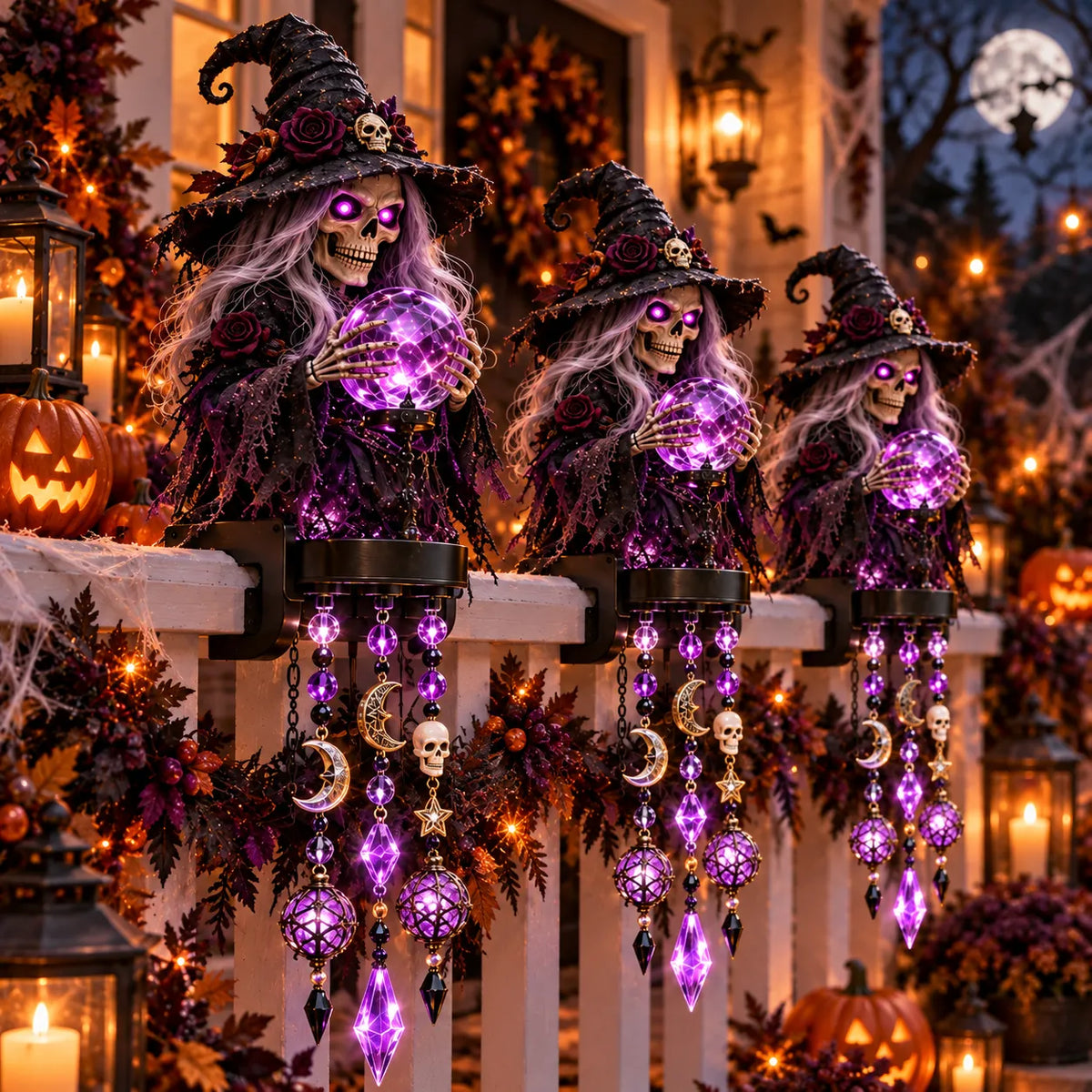 🎃 Halloween Character Glow Cascade Railing Lights – Pumpkin, Witch, Ghost & Black Cat