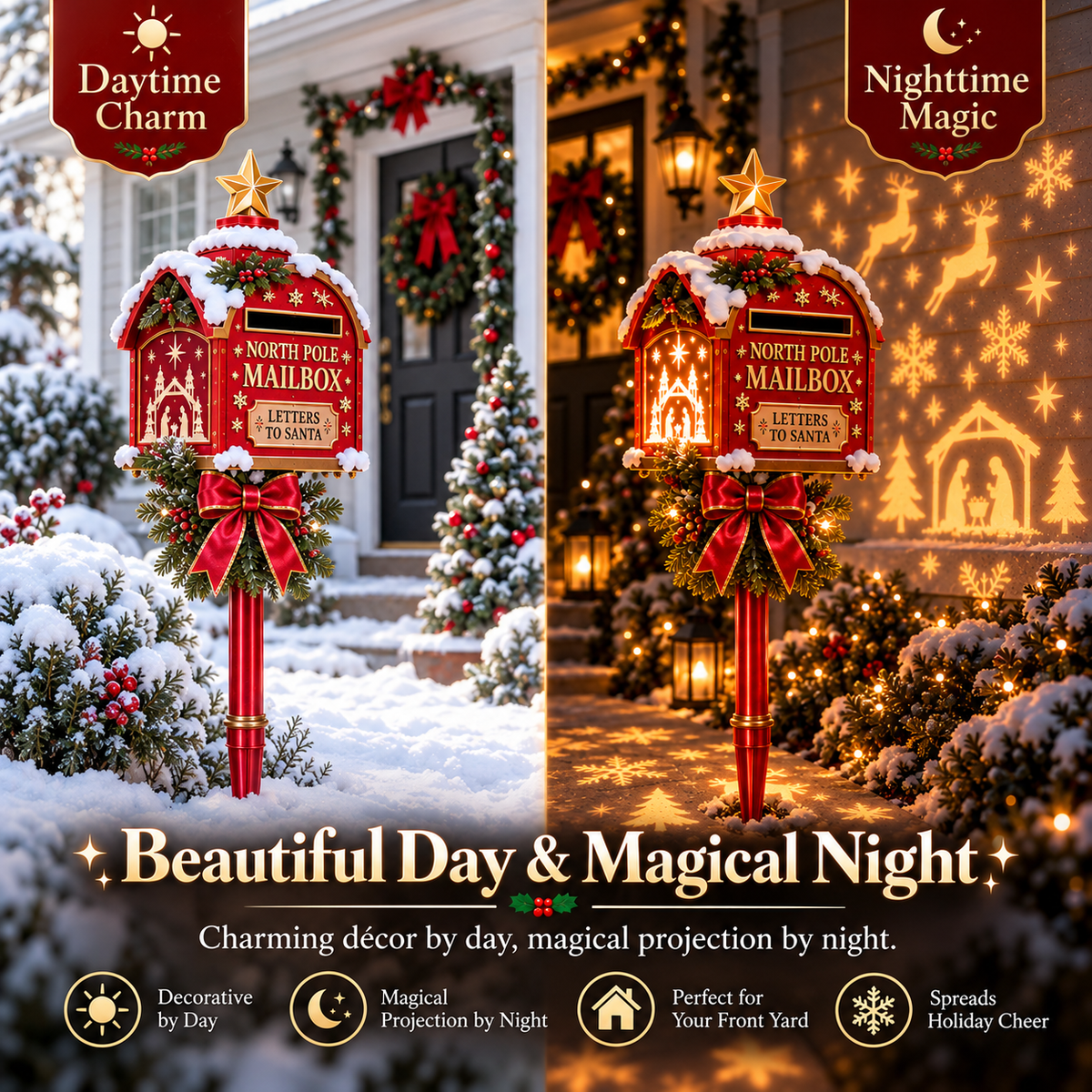 North Pole Mailbox beautiful day and magical night