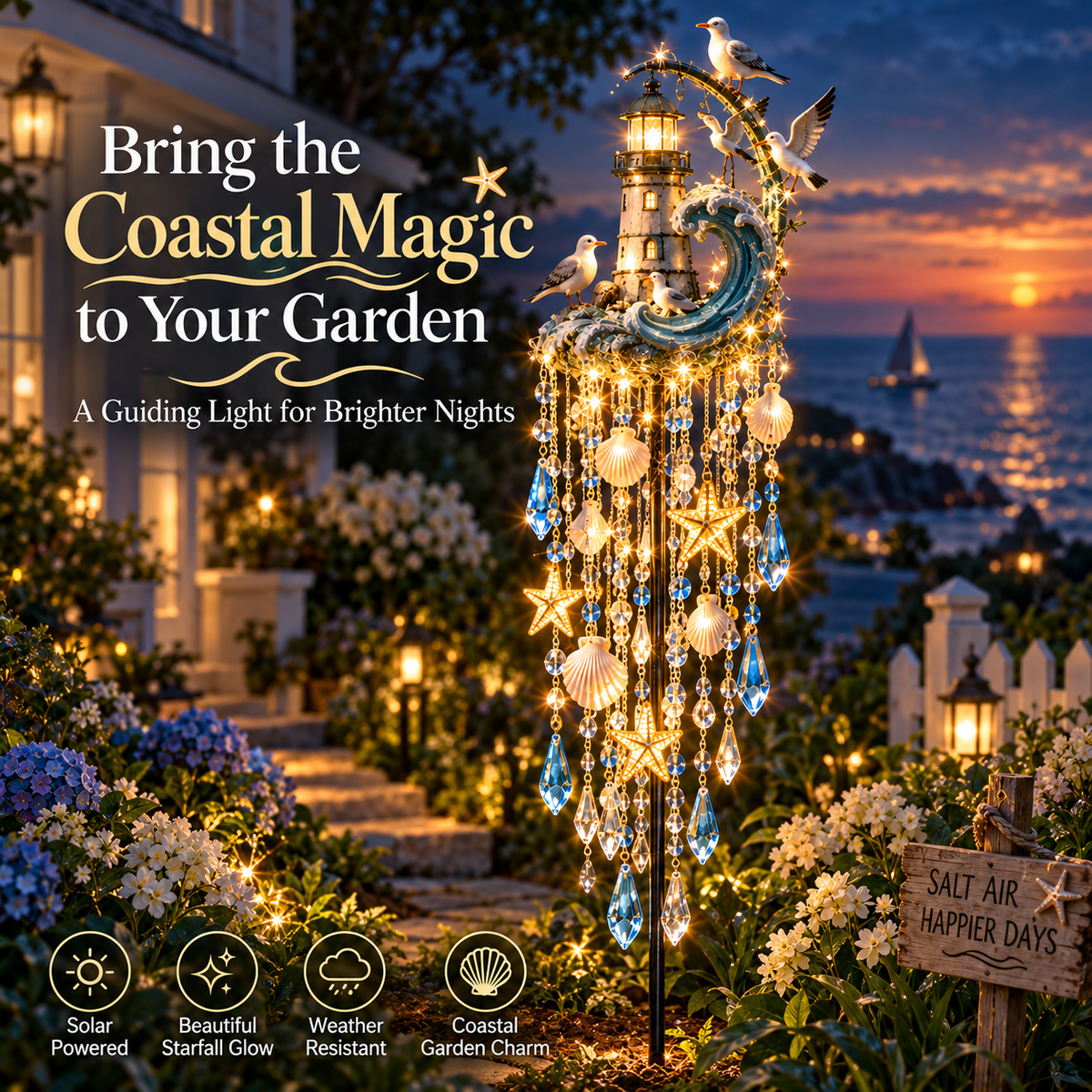 🔥Last Day 49% OFF🔥🌊 Lighthouse Tide Glow™ – Solar Lighthouse Garden Stake Light with Crystal Tassels