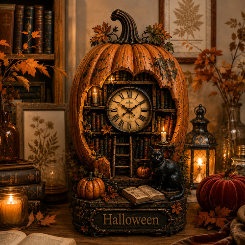 Halloween Pumpkin Library Wall Clock – Gothic Vintage Decor