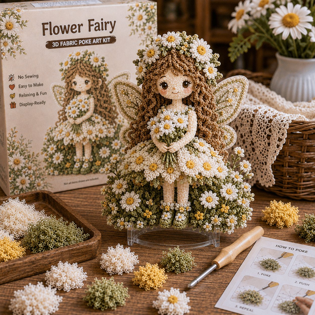 🔥 LAST DAY 49% OFF – 🌸🧚‍♀️ Flower Fairy 3D Fabric Poke Art Kit | No-Sew Fluffy Fabric Craft with Raised Floral Texture & Display-Ready Fairy Decor ✨
