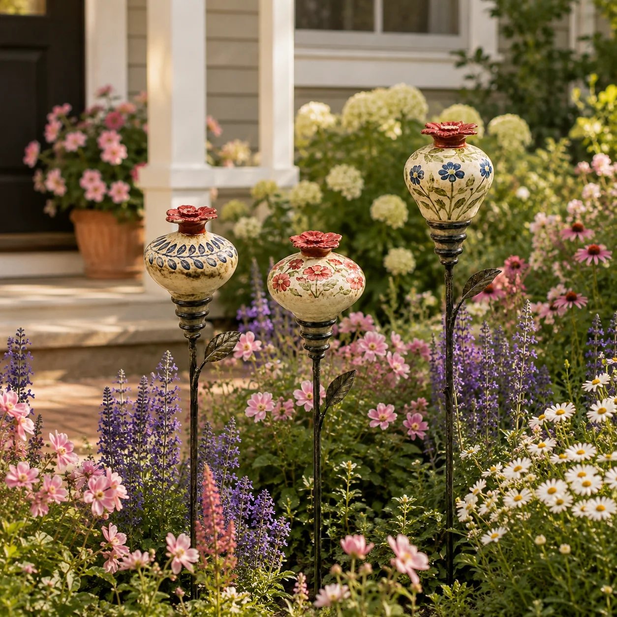 Three vintage ceramic hummingbird feeder garden stake designs