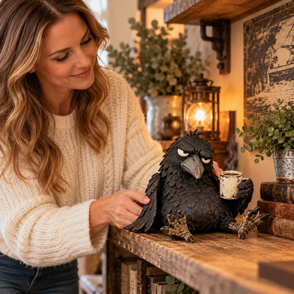 🐦‍⬛☕Grumpy Coffee Raven Figurine – “Not Yet” Funny Morning Decor😂(✨Buy 2 Free Shipping)