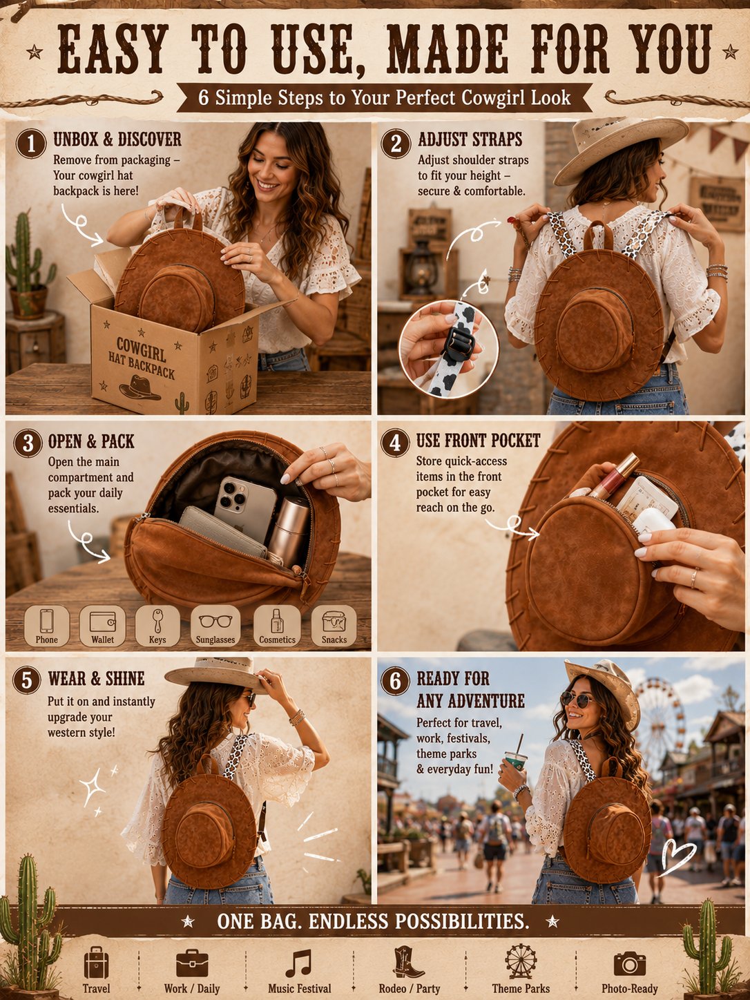 Cowgirl Hat Backpack – Western Style Mini Backpack for Travel & Everyday Use