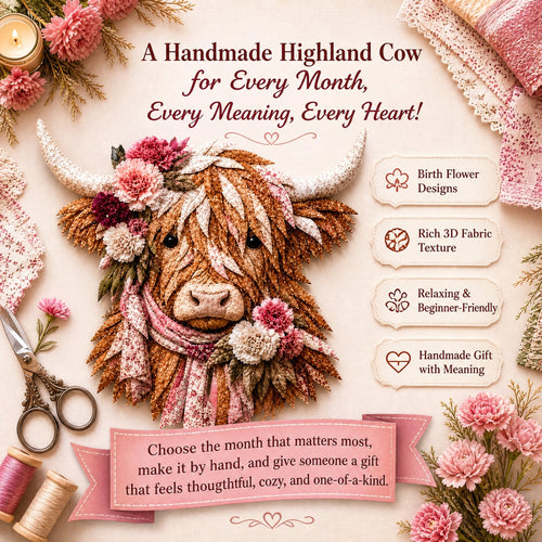🔥LAST DAY 50% OFF - 🌸Birth Flower Highland Cow Fabric Art DIY Kit – A Handmade Keepsake You Create with Love