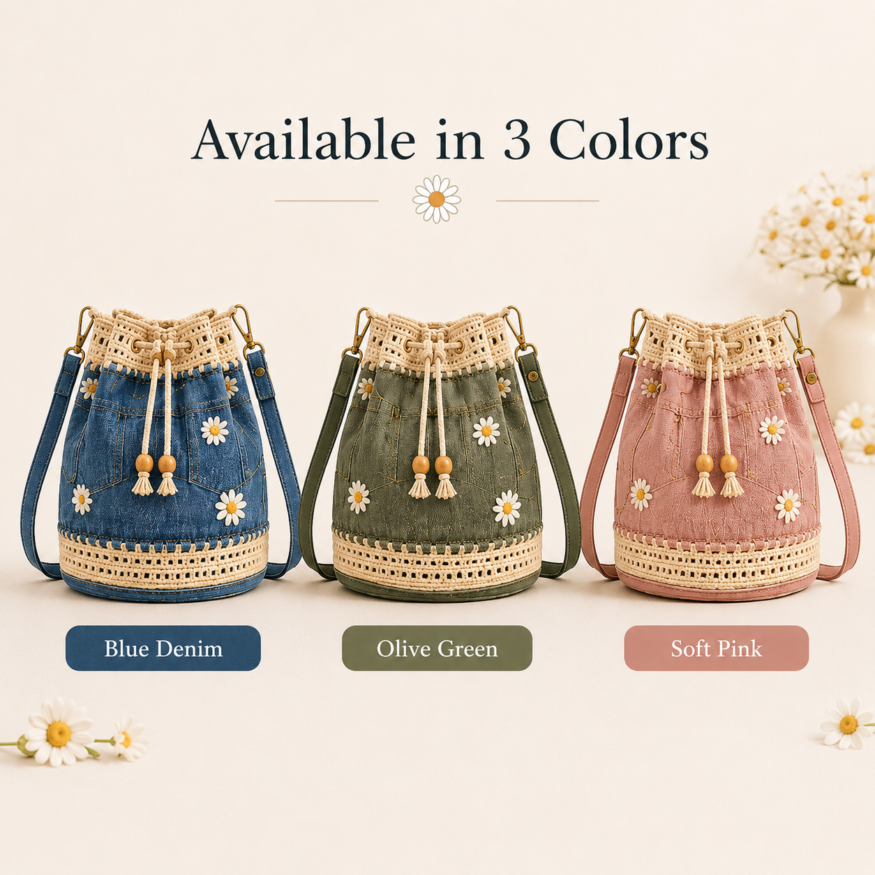 Handmade Denim Crochet Bucket Bag – Daisy-Embroidered Drawstring Crossbody Bag