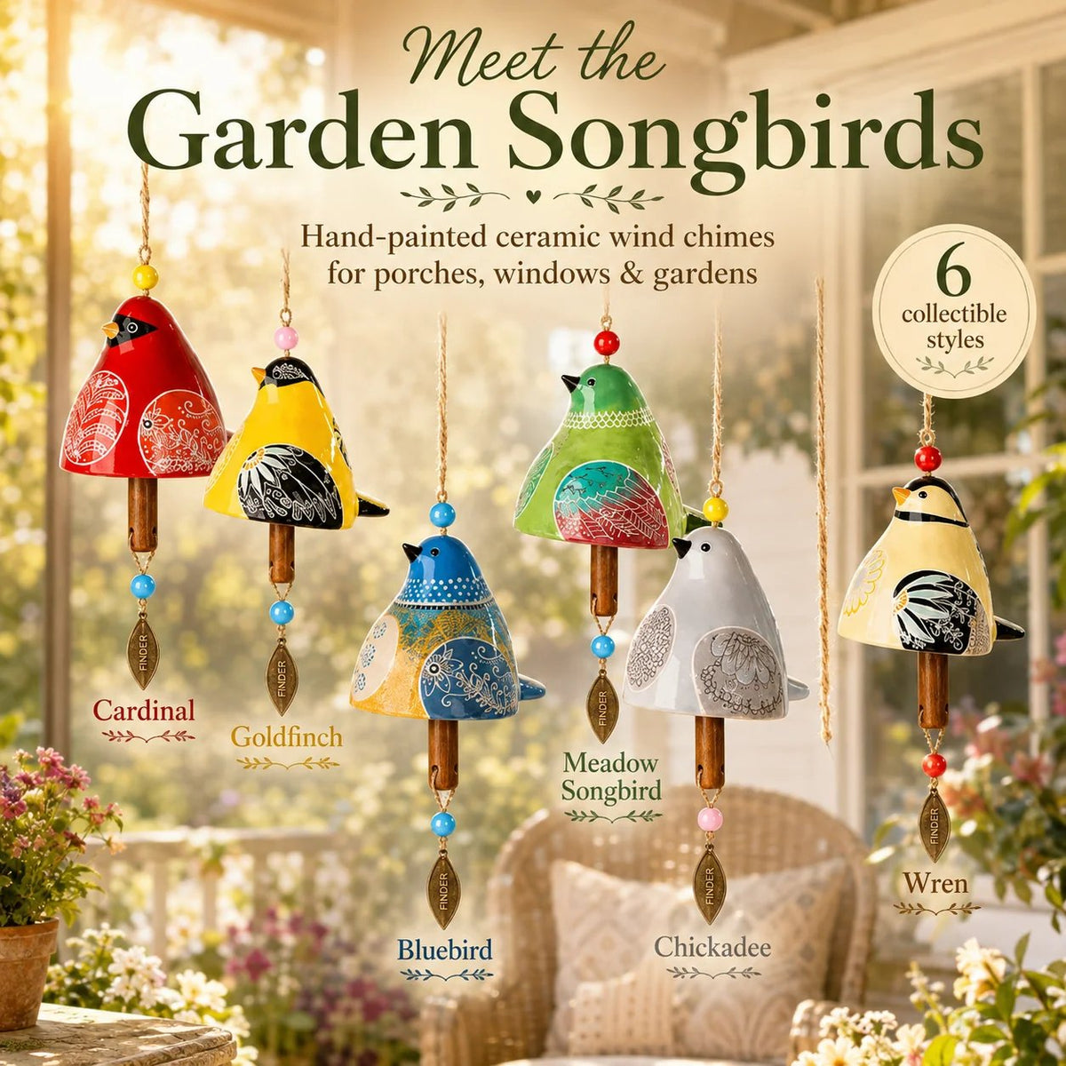 🐦Hand-Painted Resin Bird Wind Chime, Colorful Folk Art Garden Hanging Decor