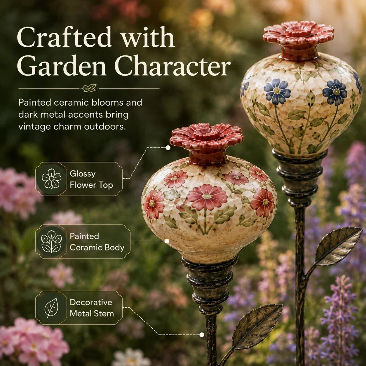 Painted ceramic hummingbird feeder and decorative metal stake details