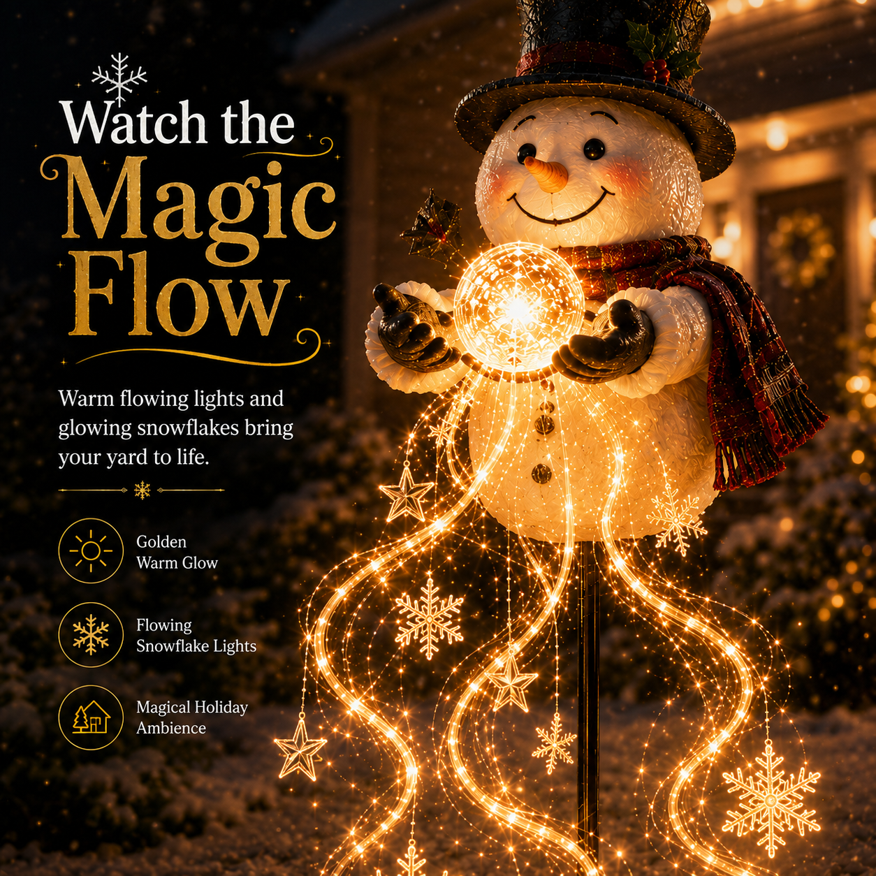 Warm flowing LED snowflake lights from the snowman magic orb