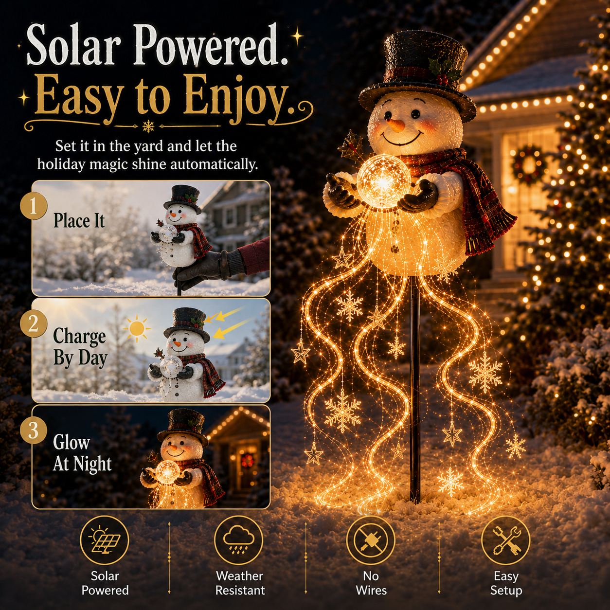 Solar powered Snowman Magic Fountain garden light setup