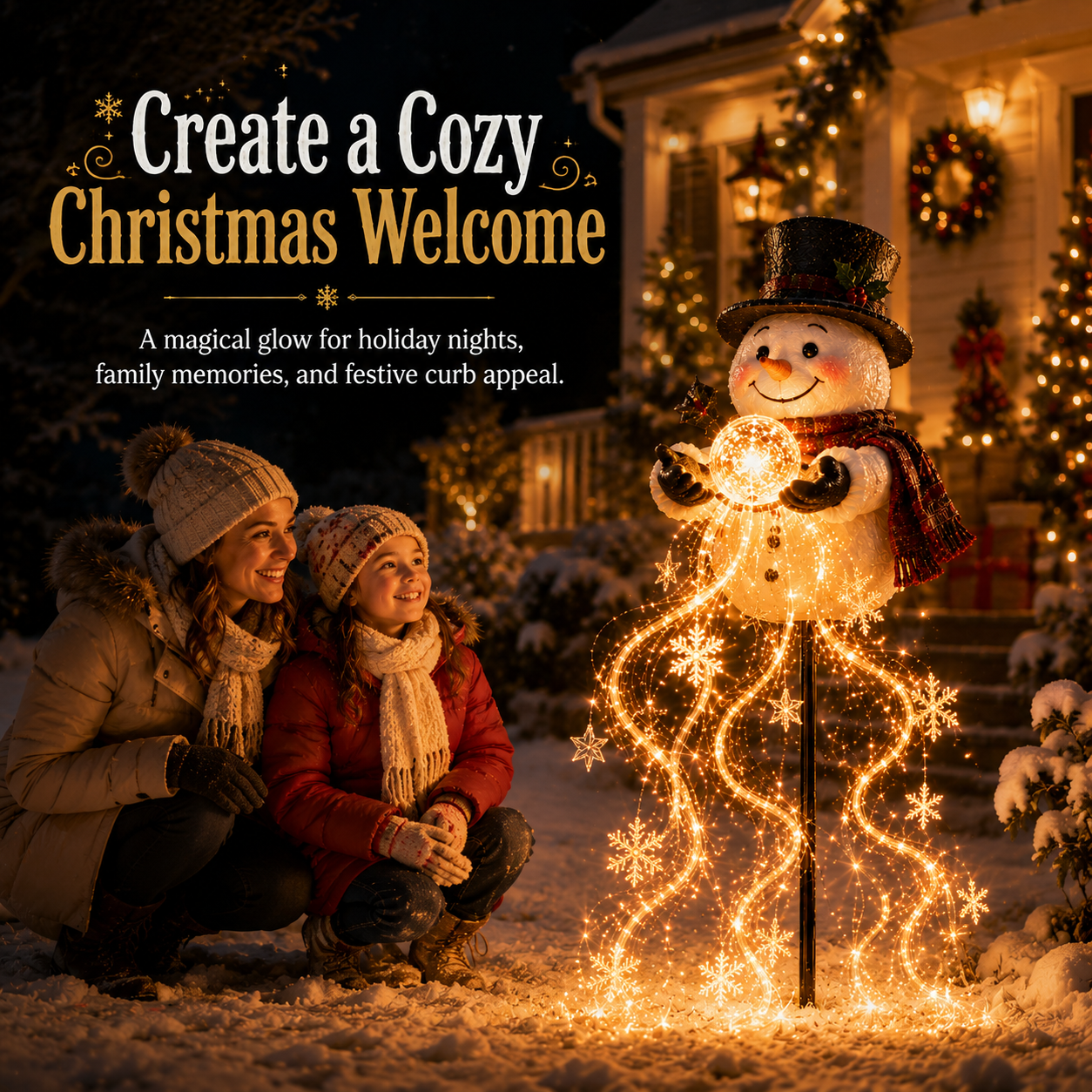 Family enjoying glowing Snowman Magic Fountain Christmas yard decoration