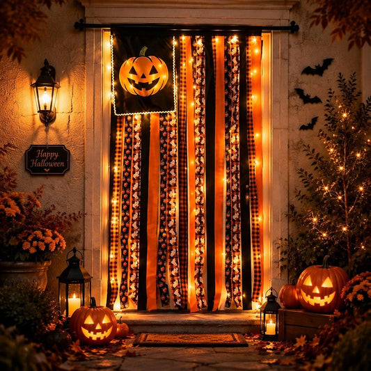 Bannière d'Halloween lumineuse Guirlande de rubans en tissu citrouille