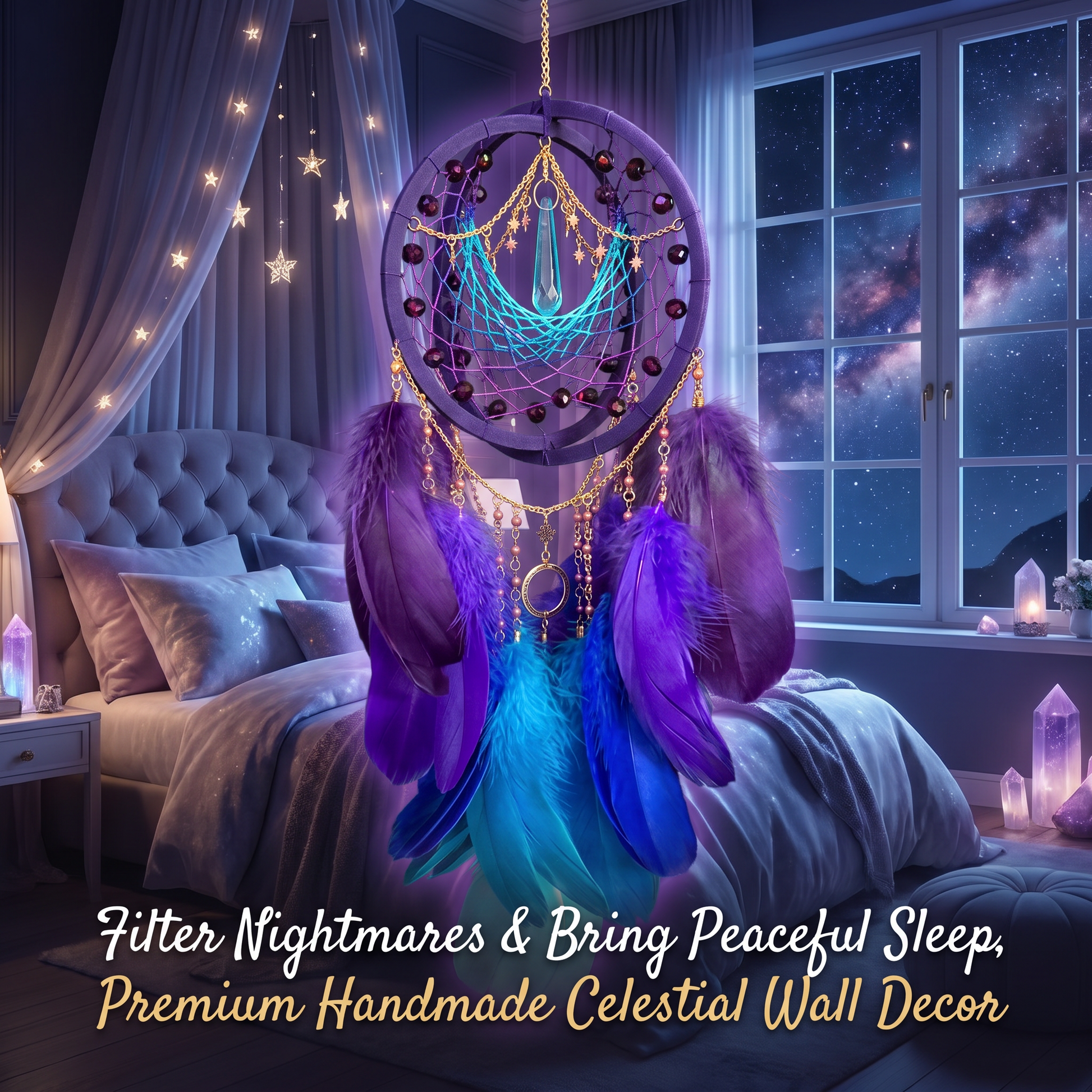 Cosmic dreamcatcher displayed in a purple bedroom