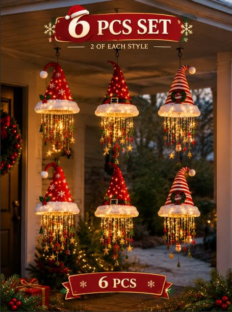 🎅 Lighted Santa Hat Hanging Chandelier 🎄 | 3 Styles Warm LED Christmas String Light | Indoor Outdoor Porch Holiday Decor Gift