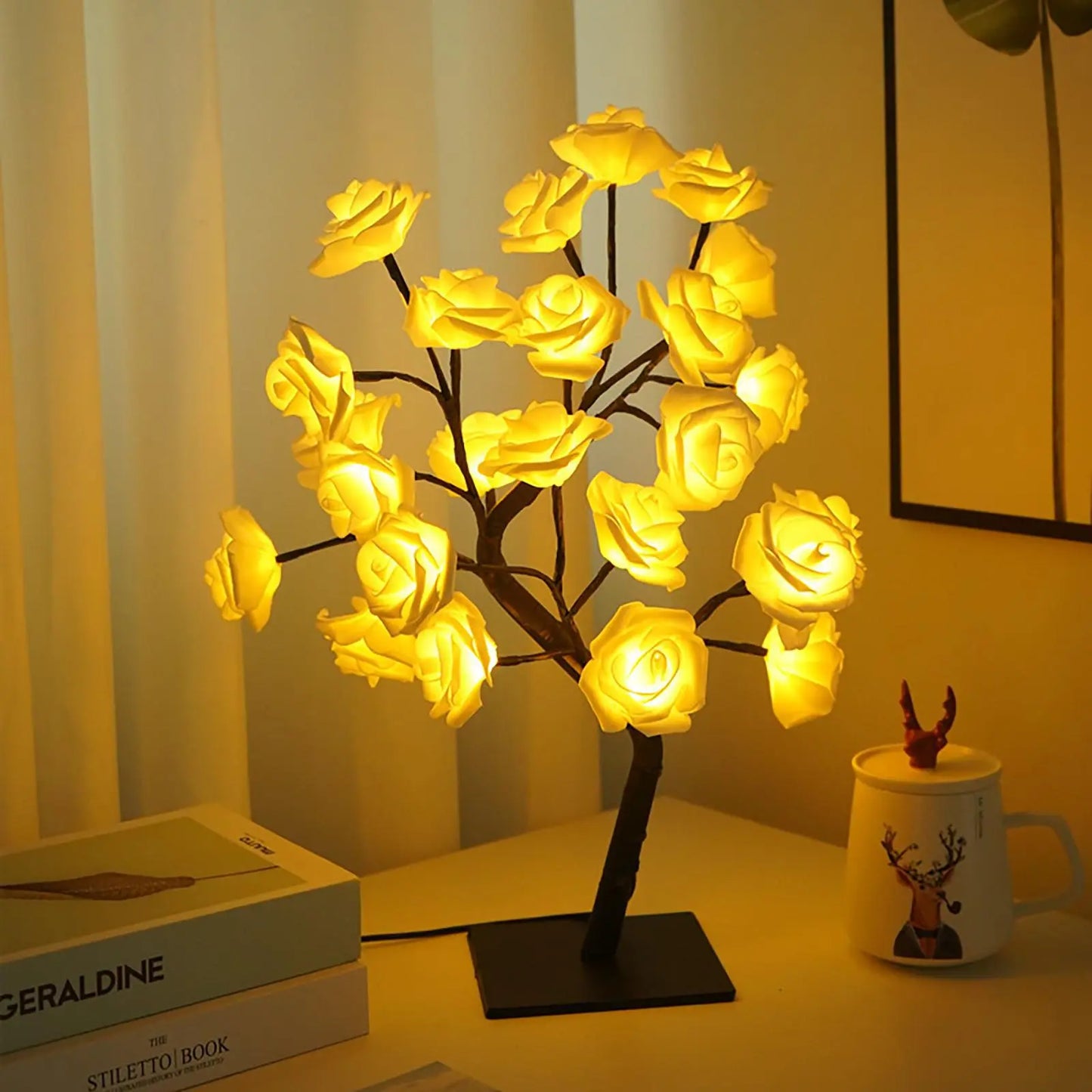 🌹 LED Rose Tree Lamp – Adjustable Branches, USB Powered for Bedroom & Table Decor